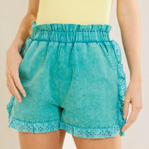 Oddi Pants - Oddi Turquoise Eyelet Trim Elastic-Waist Women’s Shorts